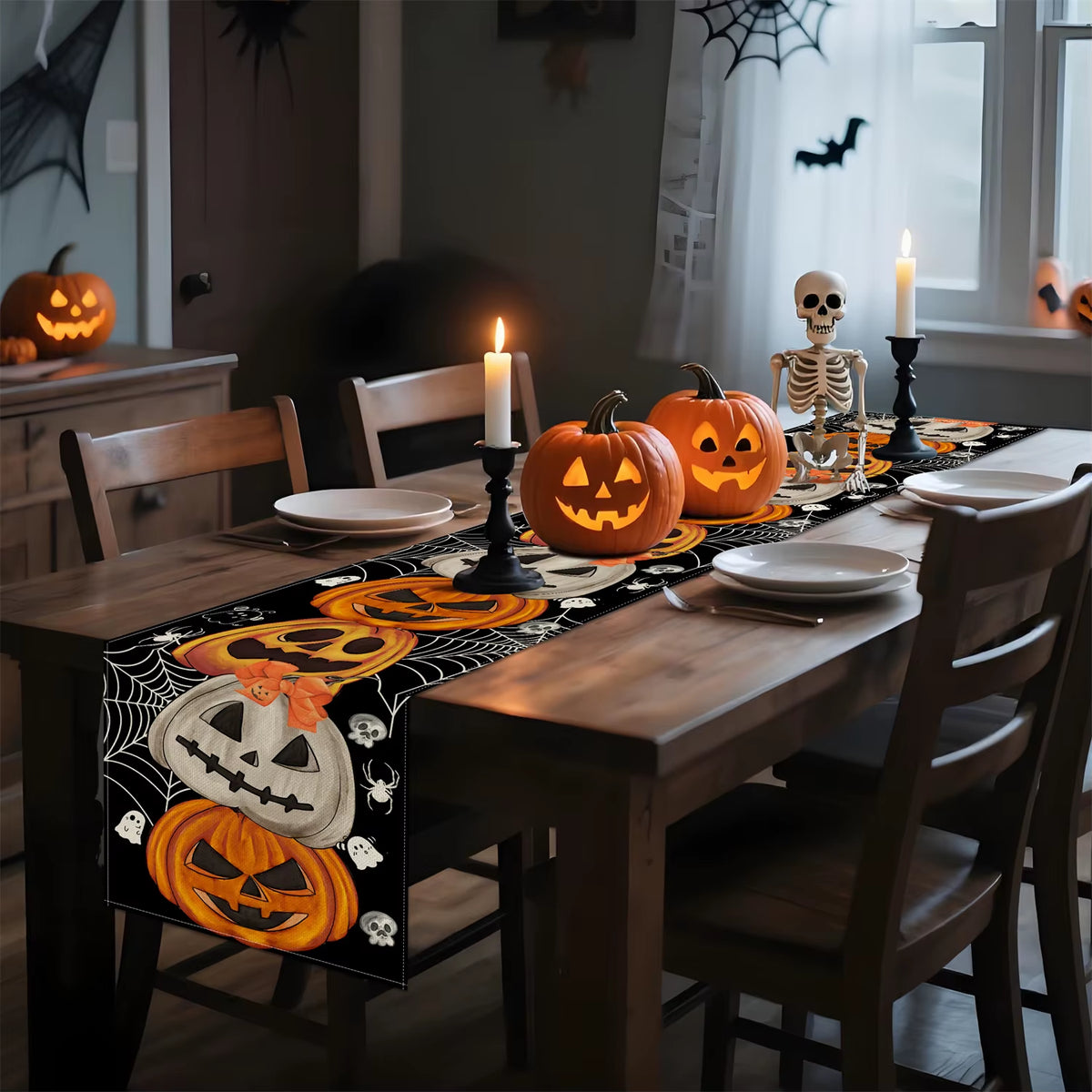 1Pc Jack-O'-Lantern Spider Web Skull Ghost Halloween Table Runner, Farmhouse Decoration for Indoor Outdoor Dining Kitchen Home P