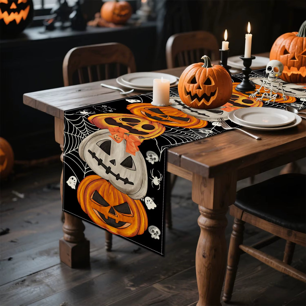 1Pc Jack-O'-Lantern Spider Web Skull Ghost Halloween Table Runner, Farmhouse Decoration for Indoor Outdoor Dining Kitchen Home P