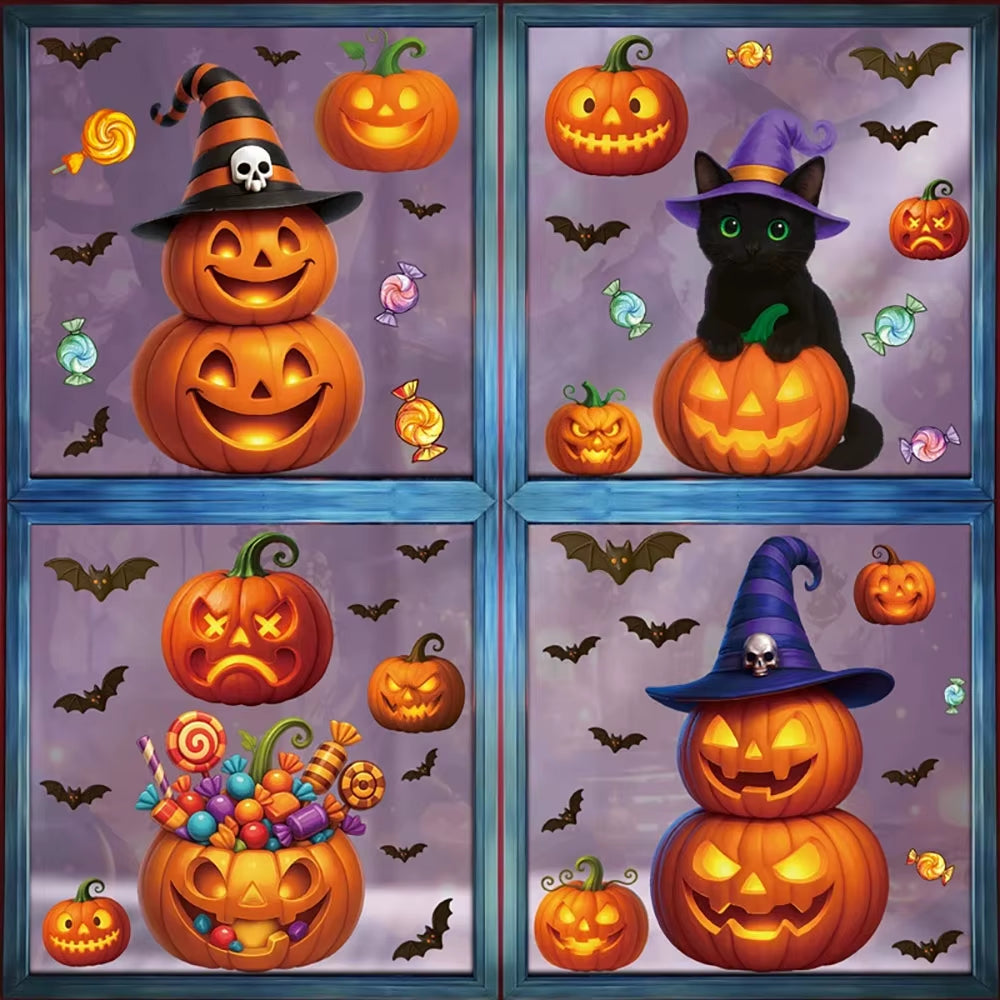 Halloween Window Stickers Black Cat Pumpkin Design Static Cling Glass Door Decoration Halloween Party Supplies