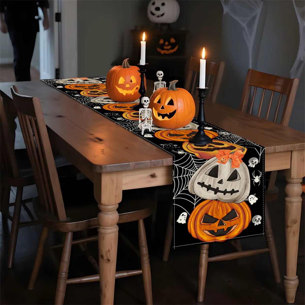 1Pc Jack-O'-Lantern Spider Web Skull Ghost Halloween Table Runner, Farmhouse Decoration for Indoor Outdoor Dining Kitchen Home P