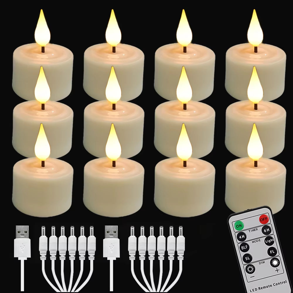 LED Candle Light Rechargeable Flameless Candles Timer Remote Tea Lights with Black Cups for Wedding Home Decor Indoor Lamp