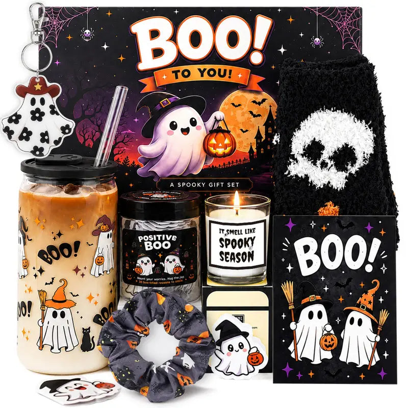 Spooky Halloween BOO Basket Gift Set - Party Bags Goodie Bag Filler Box with Glass Straw, Greeting Card, Fuzzy Ghost Socks, Unisex Cup & Useful Accessories for Cozy Vibes, Friend Teens