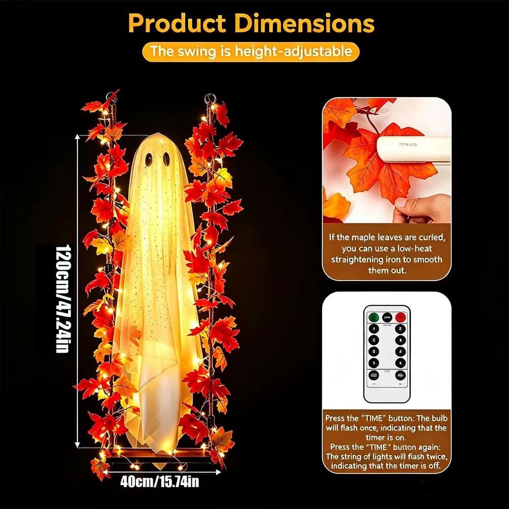 Swinging Ghost Outdoor Decor Light up Large Hanging Ghost with String Lights for Porch Garden Patio Halloween Party Supplies