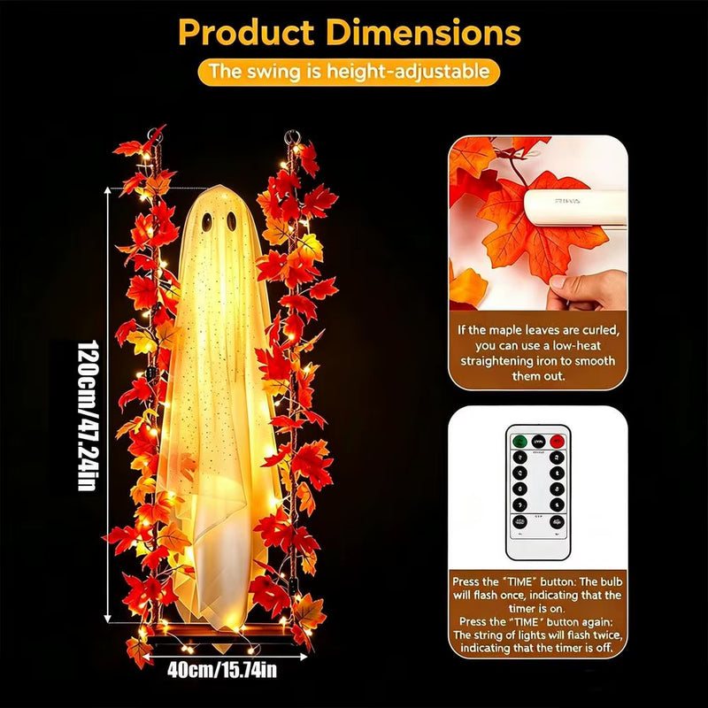 Swinging Ghost Outdoor Decor Light up Large Hanging Ghost with String Lights for Porch Garden Patio Halloween Party Supplies