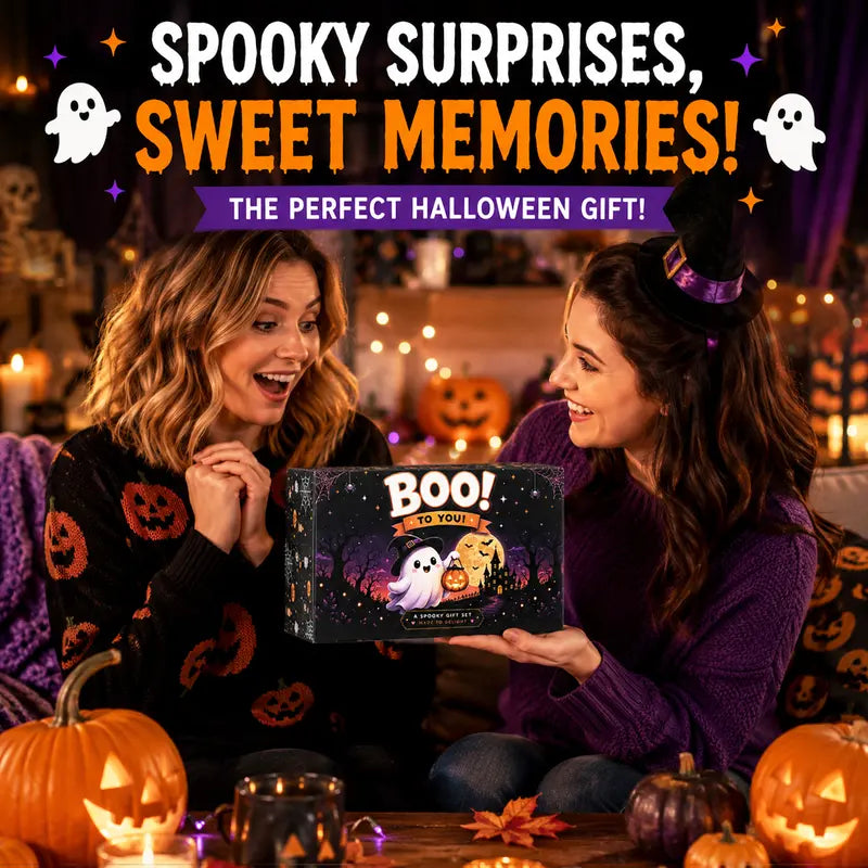 Spooky Halloween BOO Basket Gift Set - Party Bags Goodie Bag Filler Box with Glass Straw, Greeting Card, Fuzzy Ghost Socks, Unisex Cup & Useful Accessories for Cozy Vibes, Friend Teens
