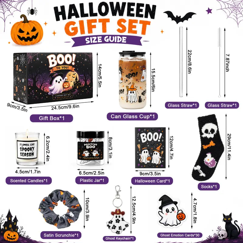 Spooky Halloween BOO Basket Gift Set - Party Bags Goodie Bag Filler Box with Glass Straw, Greeting Card, Fuzzy Ghost Socks, Unisex Cup & Useful Accessories for Cozy Vibes, Friend Teens