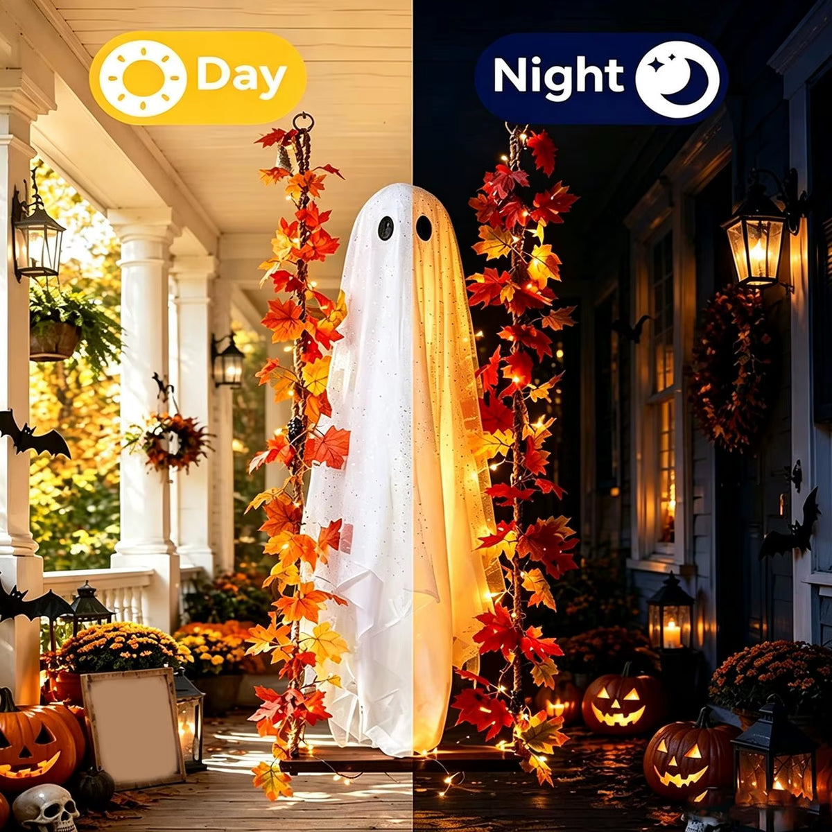 Swinging Ghost Outdoor Decor Light up Large Hanging Ghost with String Lights for Porch Garden Patio Halloween Party Supplies