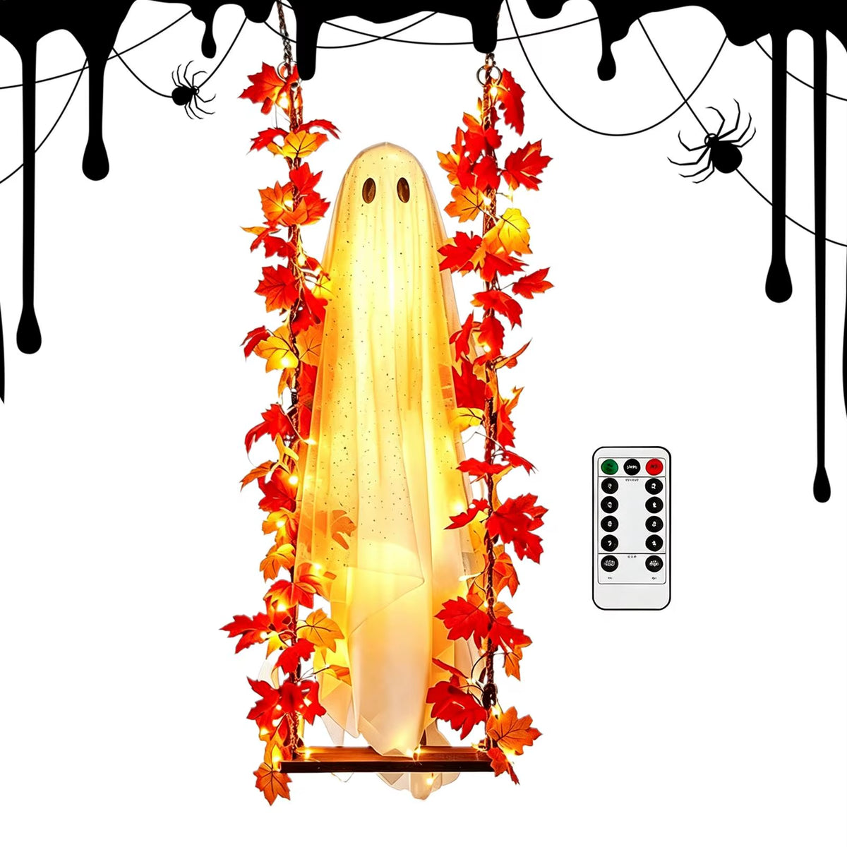 Swinging Ghost Outdoor Decor Light up Large Hanging Ghost with String Lights for Porch Garden Patio Halloween Party Supplies