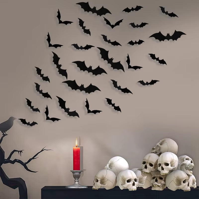 12-120Pcs 3D Black Bat Wall Stickers for Halloween Party Home Indoor Yard Decoration Scary Props Kids Room DIY Wall Decals