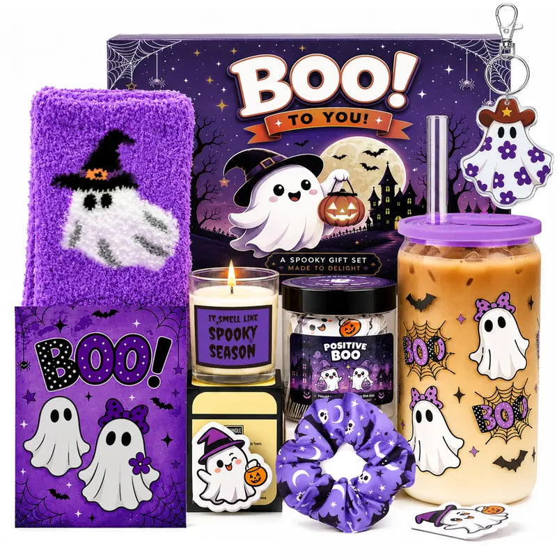 Spooky Halloween BOO Basket Gift Set - Party Bags Goodie Bag Filler Box with Glass Straw, Greeting Card, Fuzzy Ghost Socks, Unisex Cup & Useful Accessories for Cozy Vibes, Friend Teens