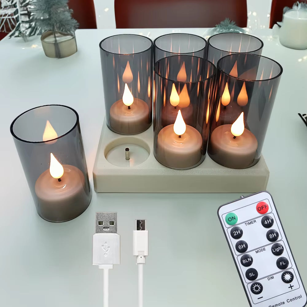 LED Candle Light Rechargeable Flameless Candles Timer Remote Tea Lights with Black Cups for Wedding Home Decor Indoor Lamp
