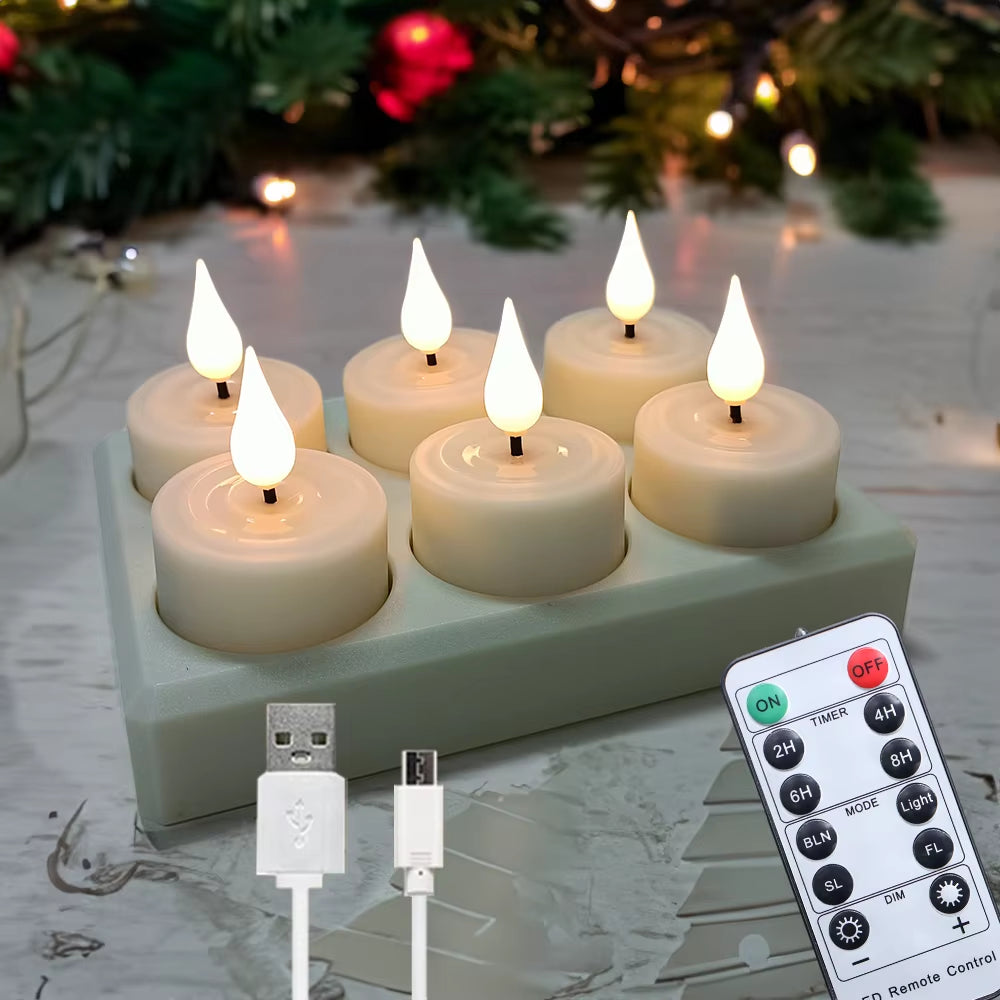 LED Candle Light Rechargeable Flameless Candles Timer Remote Tea Lights with Black Cups for Wedding Home Decor Indoor Lamp