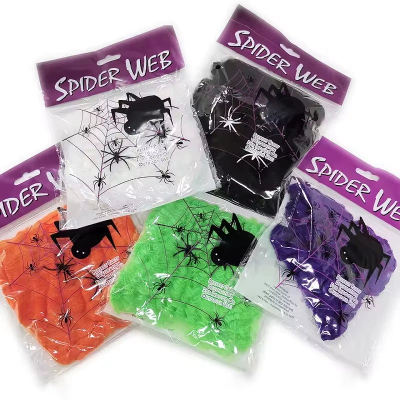 Halloween Decorations Artificial Spider Web Stretch Cobwebs with Fake Spider Scary Party Scene Decor Horror House Props