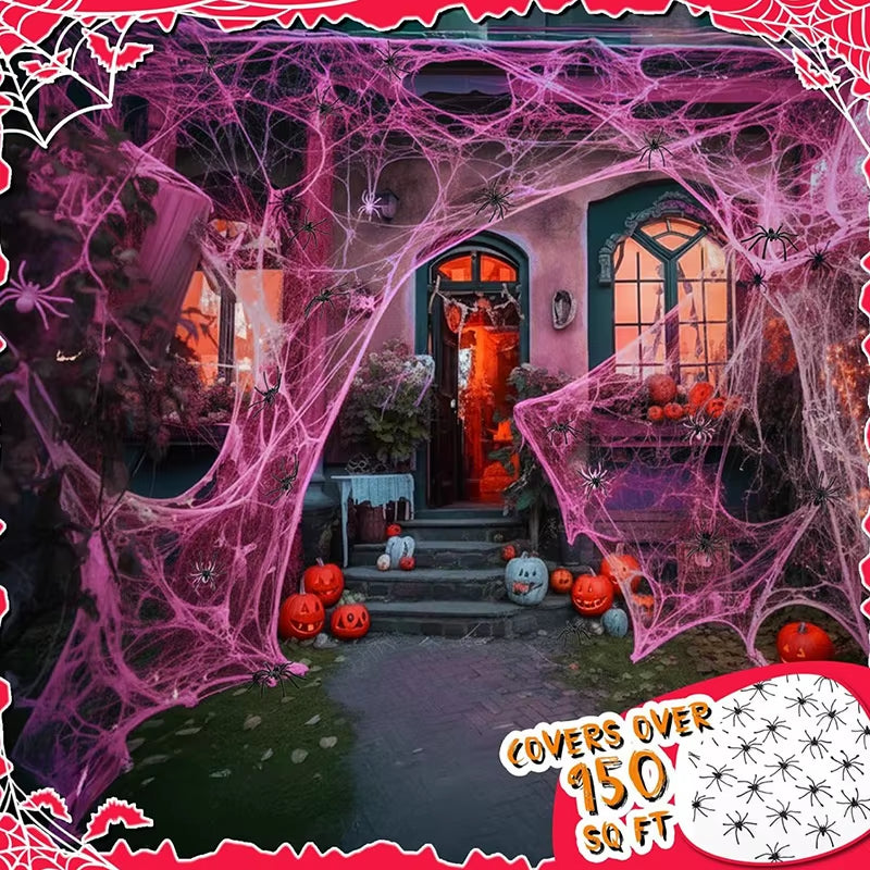Halloween Decorations Artificial Spider Web Stretch Cobwebs with Fake Spider Scary Party Scene Decor Horror House Props