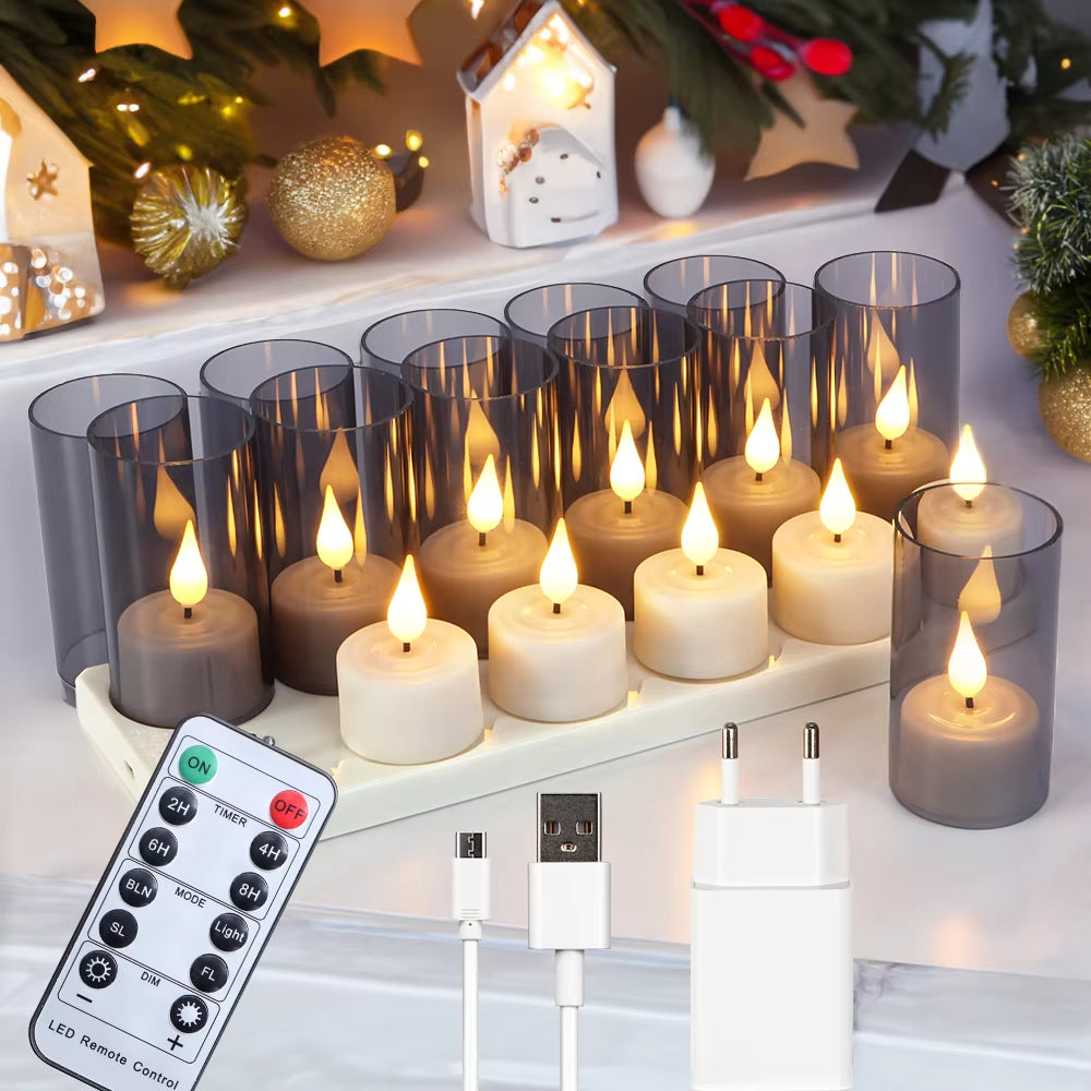 LED Candle Light Rechargeable Flameless Candles Timer Remote Tea Lights with Black Cups for Wedding Home Decor Indoor Lamp