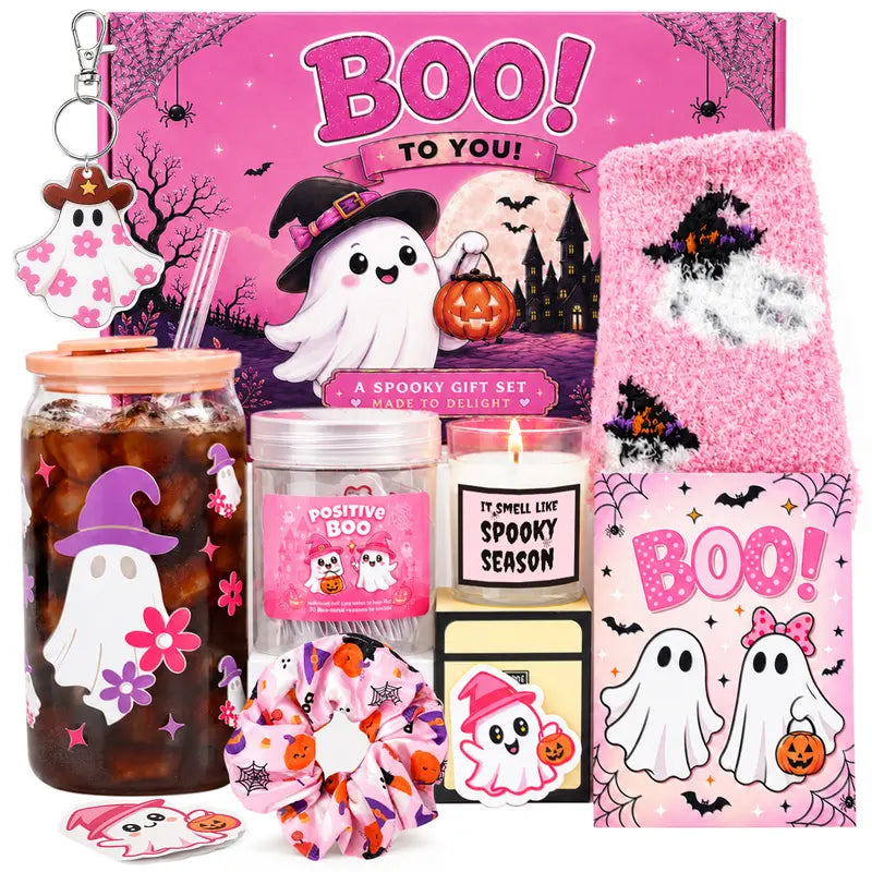 Spooky Halloween BOO Basket Gift Set - Party Bags Goodie Bag Filler Box with Glass Straw, Greeting Card, Fuzzy Ghost Socks, Unisex Cup & Useful Accessories for Cozy Vibes, Friend Teens