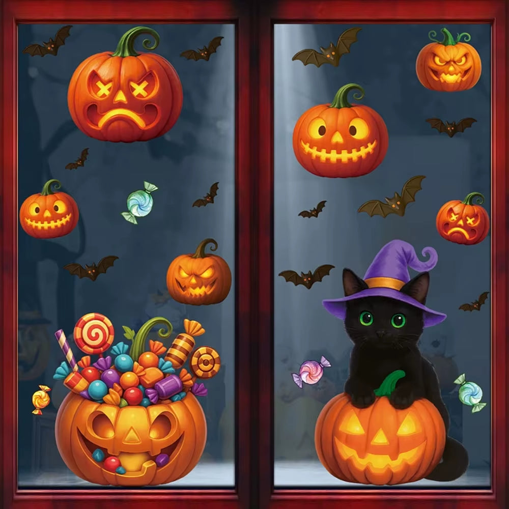 Halloween Window Stickers Black Cat Pumpkin Design Static Cling Glass Door Decoration Halloween Party Supplies
