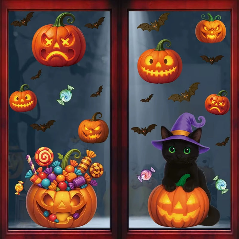 Halloween Window Stickers Black Cat Pumpkin Design Static Cling Glass Door Decoration Halloween Party Supplies