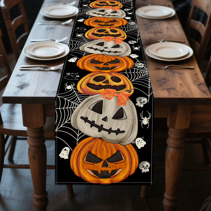 1Pc Jack-O'-Lantern Spider Web Skull Ghost Halloween Table Runner, Farmhouse Decoration for Indoor Outdoor Dining Kitchen Home P